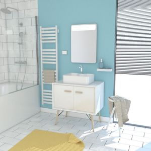 Image de Aurlane MEUBLE SALLE DE BAIN SCANDINAVE BLANC 80 CM SUR PIEDS AVEC PORTES, VASQUE A POSER ET MIROIR LED - NORDIK KLAPP LED 80