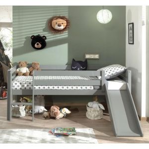 Image de Lit mi hauteur Pip avec toboggan 90 x 200 en bois de pin laqué gris Sommier à lattes inclus Matelas non inclus