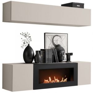 Composition murale FLY cachemire avec colonne suspendue horizontale et meuble TV chemin&eacute;e bio-&eacute;thanol