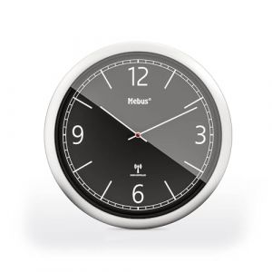 Mebus Horloge Murale Radio-pilotée 26 cm, silencieuse, Design Clair, Cadre argenté, Cadran Noir, modèle 19813 - Moderne et précis