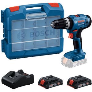 Bosch Professional 18V System perceuse-visseuse &agrave; percussion sans-fil GSB 18V-25 (&Oslash; vis max. 10 mm, avec 2 batteries GBA 2,0 Ah, GAL 18V-20, set d'acc. 63 pi&egrave;ces, L-Case Pick & Click)