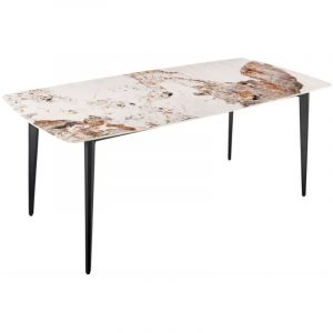 Table de salle &agrave; manger HEXA &ndash; C&eacute;ramique aspect pierre et m&eacute;tal noir &ndash; 180 cm &ndash; Style contemporain