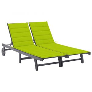 Transat chaise longue bain de soleil lit de jardin terrasse meuble d'extérieur 2 places avec coussin gris acacia 02_0012229