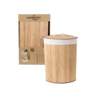 Compactor Panier &agrave; linge d&rsquo;angle pliable en bambou - Couvercle amovible - Tissu int&eacute;rieur &eacute;cru - Gain de place - Format compact 35 x 35 x H60 cm - Design naturel pour salle de bain