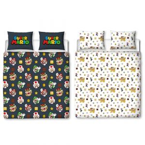 Nintendo Parure de lit Double Super Mario Officielle avec Motif Mario, Luigi et Bowser | Housse de Couette réversible Noire Double Face avec taies d'oreiller Assorties