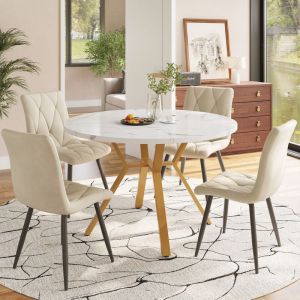 Ensemble salle &agrave; manger 5 pi&egrave;ces &ndash; Table ronde effet marbre pieds dor&eacute;s + 4 chaises ergonomiques en velours beige