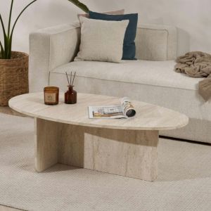 Table basse moderne ovale effet travertin – pied en T MARFA