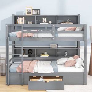 Lit superposé enfant 90 x 200 cm avec tiroirs et rangement, gris