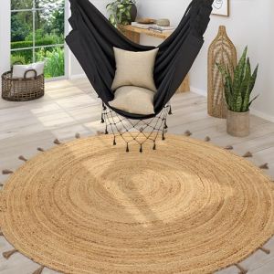 Paco Home Tapis Rond Salon Jute Motif Ethnique Boho Moderne Fait Main Tapis Naturel, Dimension:200 cm Rond, Couleur:Naturelle 6