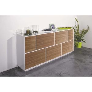 Dmora - Placard Dnapp, Buffet de cuisine à 7 portes, Buffet de salon, 100% Made in Italy, 200x41h86 cm, Blanc brillant et Noyer