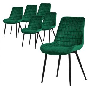 Lot de 6 Chaises de Salle à Manger, Vert Foncé, Assise en Velours avec Pieds Métalliques Noirs, Chaises de Cuisine avec Dossier, Chaises Rembourrées