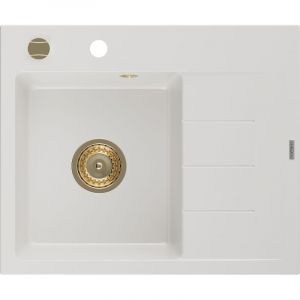 Image de Mexen - vier de cuisine Ben en granit 1 bac avec &eacute;gouttoir gauche 600 x 500 mm, blanc, siphon dor&eacute; - 6522605000-20-G