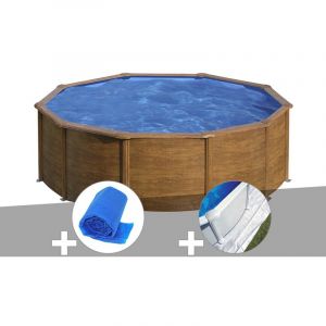 Image de Gre Kit piscine acier aspect bois Sicilia ronde 3,20 x 1,22 m + Bâche à bulles + Tapis de sol