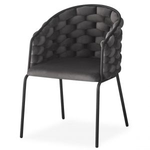 Lot de 6 chaises design au dossier arrondi style maillage Tricotane Velours Gris et Métal Noir