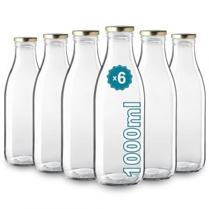 5 Bouteilles en Verre Vides de 1000 ml- Bouteilles en verre pour jus, lait, barbecue, sauces - Idéales pour pique-niques