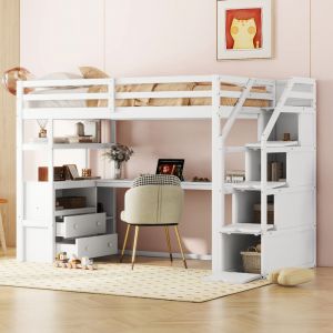 Lit mezzanine 90x200 cm - avec bureau et échelle de rangement - Blanc