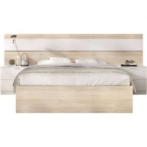 Ensemble structure de lit + tete de lit et 2 tables de nuit - niza - 160 x 200 cm - Chene naturel / Blanc