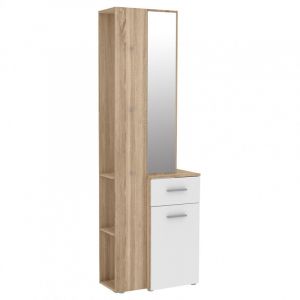 Meuble d'entrée avec miroir et rangements décor bois et blanc - nina