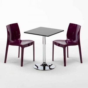 Image de Grand Soleil Table Noir et 2 Chaises Colorées Polypropylene Set Interieur Bar Café MOJITO | Ice Aubergine violette - Noir - Carré