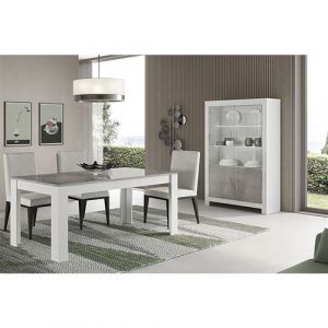 Ensemble S&eacute;jour Blanc et Gris Marbr&eacute; Table 160cm + Vitrine 4 Portes avec Leds - DENAE - ALTOBUY