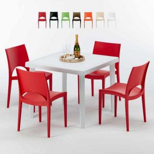 Grand Soleil Table carr&eacute;e et 4 chaises Poly rotin resine color&eacute;es 90x90 blanc | Paris rouge