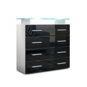 Commode Buffet Armoire Pavos V2 en Blanc mat - haute brillance & tons naturels - Noir haute brillance - Noir haute brillance - Vladon