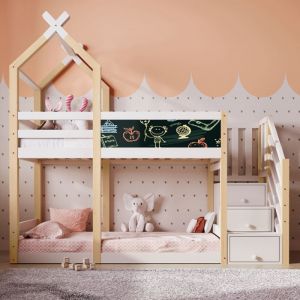 Lit superpos&eacute; cabane 90 x 200 cm - Lit enfant - Bois de pin - 2 x sommier &agrave; lattes - Certifi&eacute; EN747 - Blanc