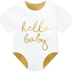 Party Deco Lot de 20 serviettes de table pour fête prénatale en forme de barboteuse avec inscription « Hello Baby » Doré/blanc