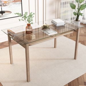 Table à manger bois, table à manger plateau en verre trempé, 110 x 65 x 74 cm