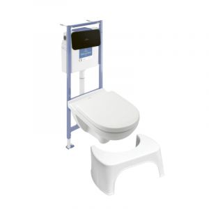 Villeroy & Boch Pack WC sans bride O novo avec abattant frein de chute + bâti Viconnect PRO + plaque noir mat + Tabouret blanc