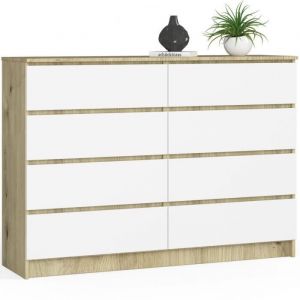 Commode Akord K140 Chêne Artisan 138 cm 8 tiroirs façade Blanche 138x40x99 cm