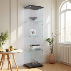 Vitrine en Verre Tremp&eacute; - Meuble Vitrine Noir - 4 &Eacute;tag&egrave;res - S&eacute;curit&eacute; Maximale - Design Contemporain