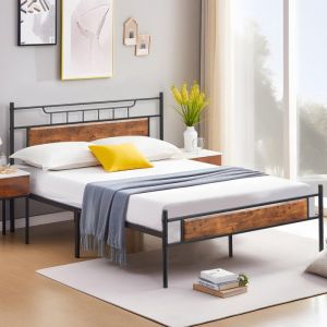 VECELO Cadre de Lit 140X190cm, Sommier Plateforme Simple avec Tête de Lit en Bois, Support à Lattes en Acier de Qualité Supérieure, Rangement Sous Le Lit, Assemblage Facile, Marron