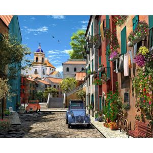 Figured'Art Peinture par Numéro Adulte avec Cadre Ruelle et 2 CV - Activité Manuelle Kit de Loisir Créatif DIY Numéro d'art Complet - 40x50cm Toile tendue sur châssis