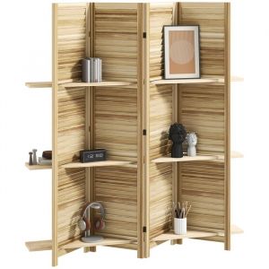 Homcom Paravent int&eacute;rieur - 4 panneaux - pliable - 3 &eacute;tag&egrave;res - en bois - 160 x 170 cm - bois naturel