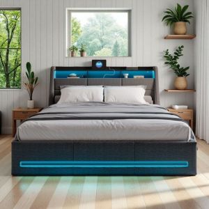 Lit Double 140x190 - Lit Hydraulique avec Rangement - LED RGB - Prises USB - T&ecirc;te de Lit Gris