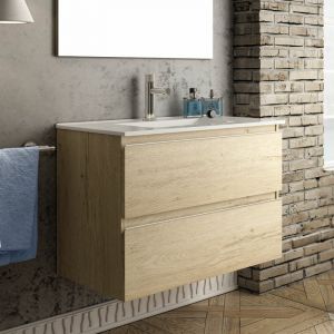 Meuble de salle de bain 100cm simple vasque - 2 tiroirs - sans miroir - bambou (ch&ecirc;ne clair) - balea