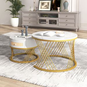 Wishdor - Lot de 2 tables basses gigognes rondes 70 x 45.5 cm et 50 x 38.5 cm, blanc et doré