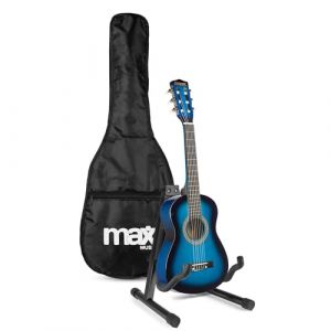 Max SoloArt Pack Guitare Junior 1/4 - Bleue Cordes Nylon 4 à 6 ans Sac de Transport Médiators Sangle Support Guitare