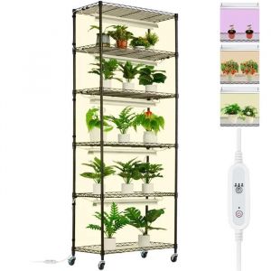 VEVOR Support Plantes avec Lampes de Croissance, &Eacute;tag&egrave;re Porte Plantes d'Int&eacute;rieur M&eacute;tal, 6 Niveaux, 150 W, 3 Modes d'&Eacute;clairage &agrave; Spectre, Minuterie, pour Jardinage Germination Graines, 75x35x180 cm
