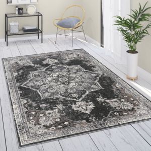 Tapis De Salon Poils Ras Oriental Marocain Mandala Avec Bordure Noir Gris Crème 120x160 cm - Paco Home