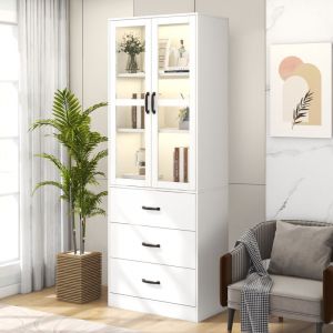 Vitrine combin&eacute;e verticale moderne, meuble de rangement avec &eacute;clairage LED, 60x40x200cm, 2 portes, 3 tiroirs, blanc