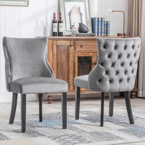 Lot de 2 Chaises de Salle &agrave; Manger Capitonn&eacute;e en Velours Gris - Style Classique Design - Pieds en Bois Massif Noir - L50 x P41 cm