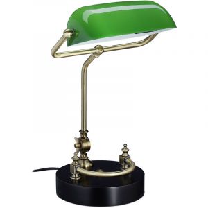 Relaxdays Lampe de banquier, abat-jour en verre inclinable, pied en bois, bureau, E27, rétro, bibliothèque, vert-noir