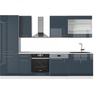 Cuisine Fame-Line, bleu foncé brillant/blanc, 300 cm sans plan de travail Vicco