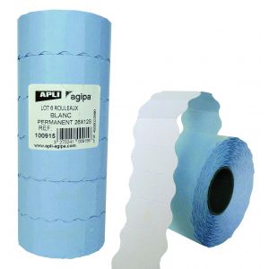 Agipa 100915 - Lot de 6 rouleaux de 1500 &eacute;tiquettes blanches pour pince, format 26x12 mm