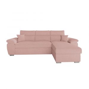 Loungitude Canapé KOMECO d'angle réversible convertible avec coffre et têtières réglables en tissu bouclette - Rose