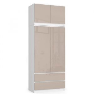 Armoire avec surmeuble AKORD S90 Blanche 90 cm 2 portes 2 tiroirs façade Cappuccino Brillant 6 étagères 90x51x234 cm