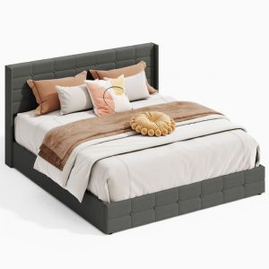 Lit Coffre Double 180 x 200 cm Bealife avec Syst&egrave;me de Rangement Hydraulique T&ecirc;te de Lit Capitonn&eacute;e Sommier &agrave; Lattes en Bois Cadre en M&eacute;tal Gris Fonc&eacute;