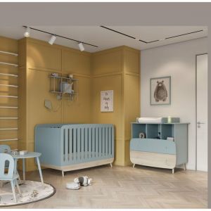 Demeyere Ensemble lit bébé complet avec kit evolutif + plan à langer pour commode + commode 2 tiroirs et 3 niches - bleu orage et pin naturel